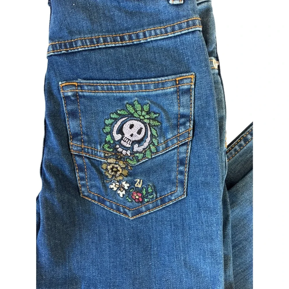 Zadig‎ & Voltaire Maggie Jeans Blue Kids Size 8 Embroidered Skull Raw Hem
